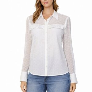 Anne Fontaine Size 44 US XL White Ruffle Lace Sheer Textured Womens Dress Shirt